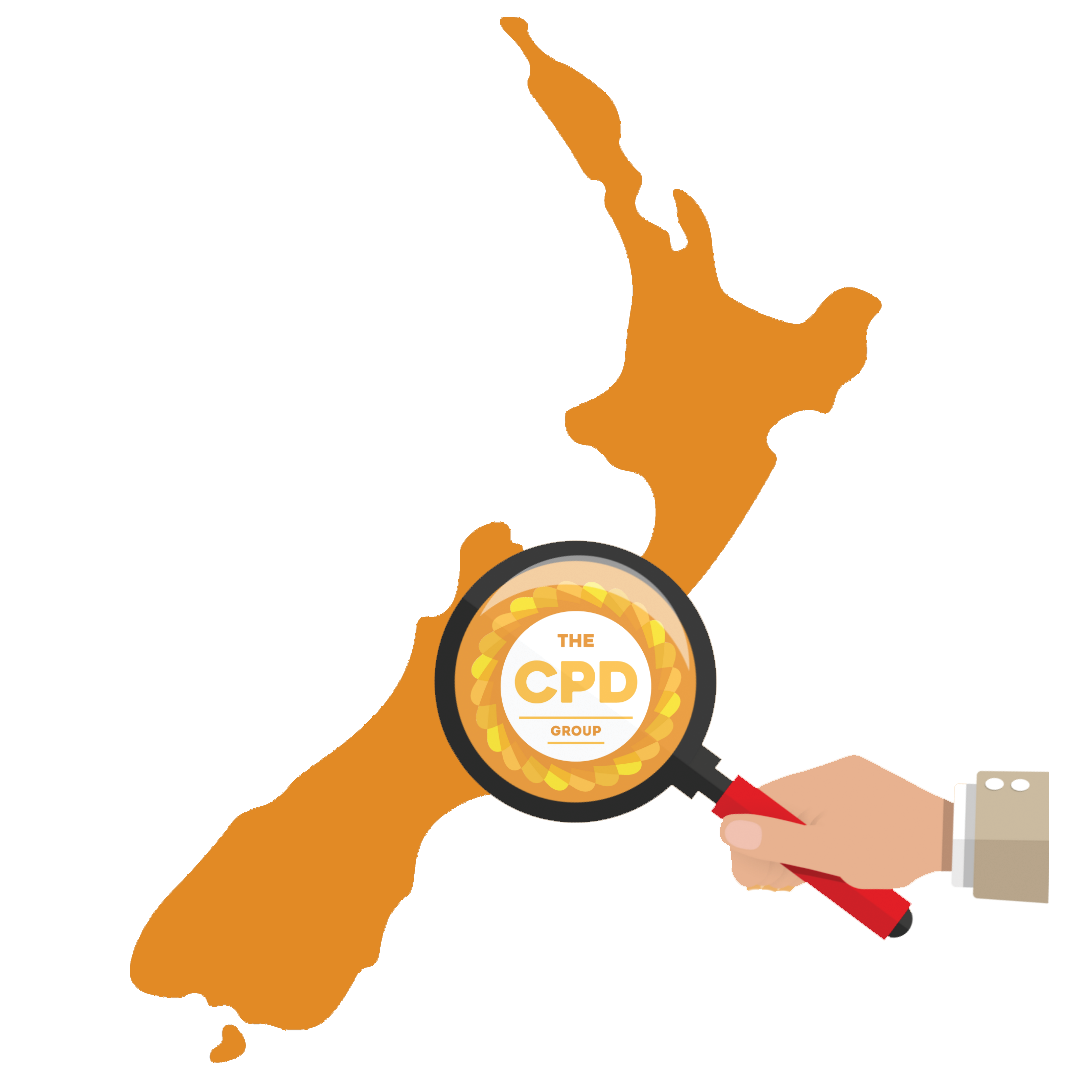 Map of New Zealand showing award winning CPD Group logo being magnified